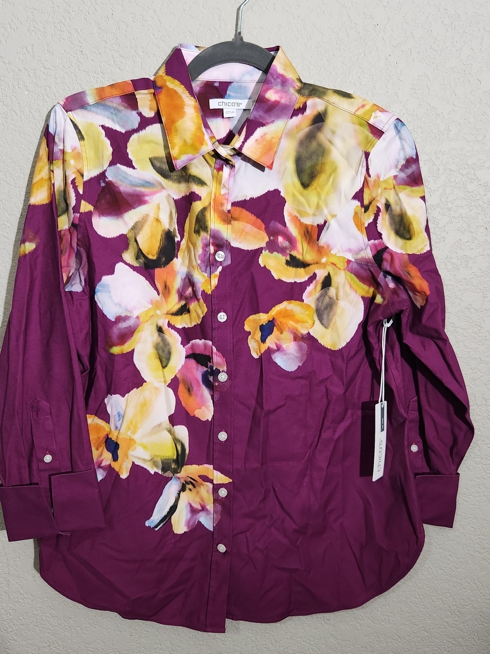 Chico's Floral Button-Up Shirt in Deep Plum & Yellow